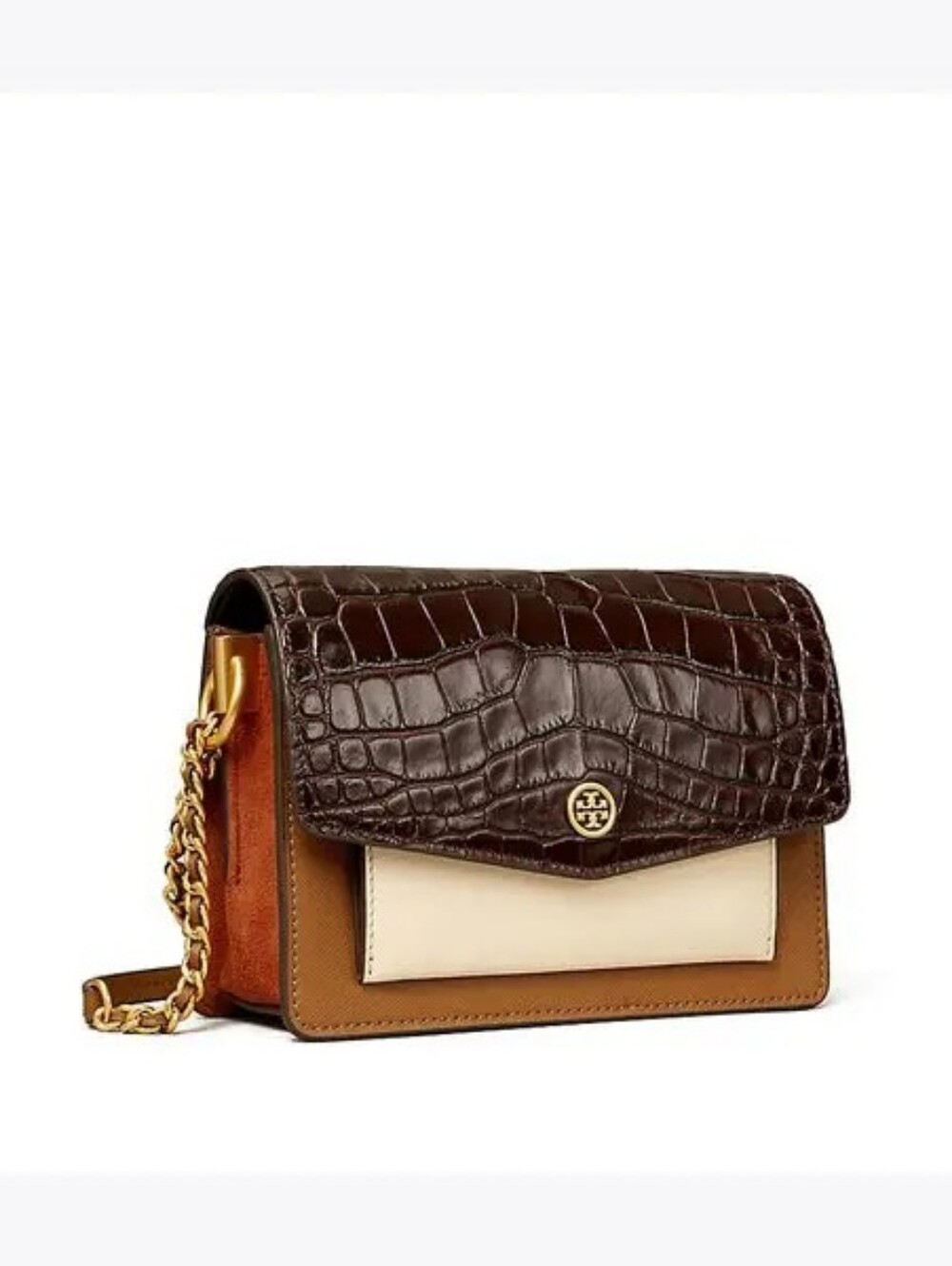 Tory Burch Robinson Embossed Color Block Mini Shoulder Bag in Pumpernickel cream